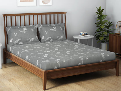 Essentials 100% Cotton  Double Bedsheet, 132 TC, Floral, Grey