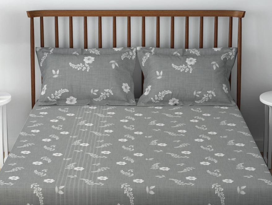 Essentials 100% Cotton  Double Bedsheet, 132 TC, Floral, Grey