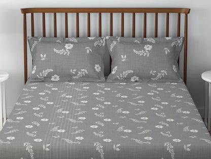 Essentials 100% Cotton  Double Bedsheet, 132 TC, Floral, Grey