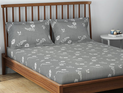 Essentials 100% Cotton  Double Bedsheet, 132 TC, Floral, Grey