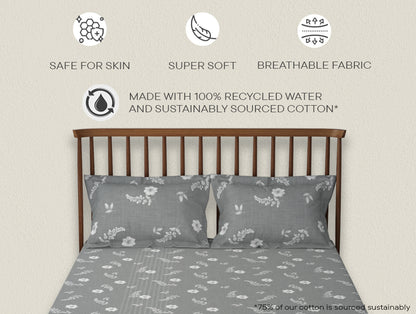 Essentials 100% Cotton  Double Bedsheet, 132 TC, Floral, Grey