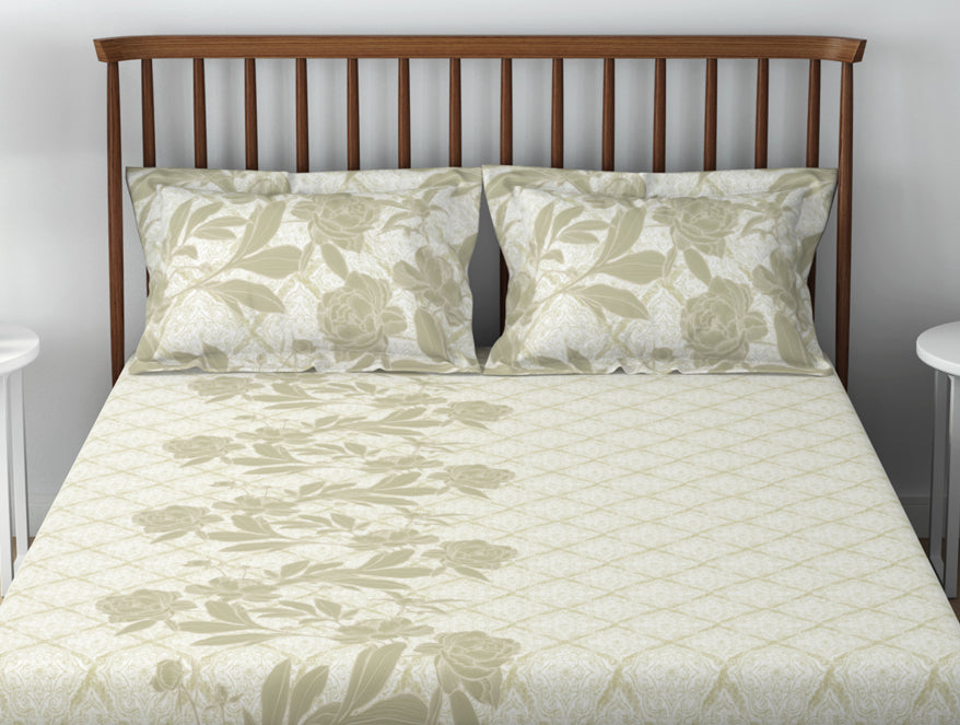 Essentials 100% Cotton  Double Bedsheet, 132 TC, Floral, Light Yellow