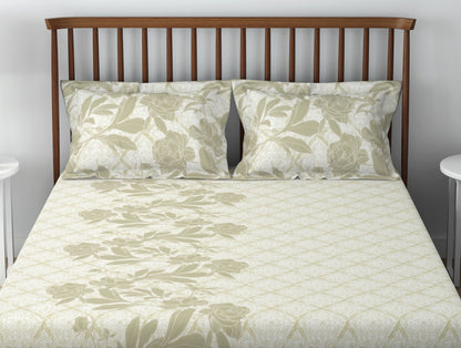 Essentials 100% Cotton  Double Bedsheet, 132 TC, Floral, Light Yellow
