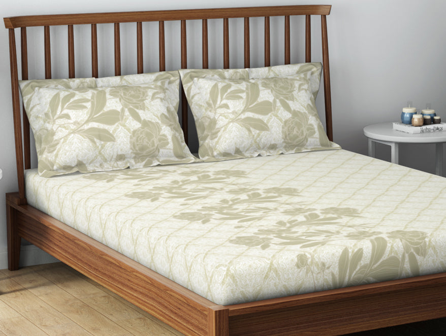 Essentials 100% Cotton  Double Bedsheet, 132 TC, Floral, Light Yellow