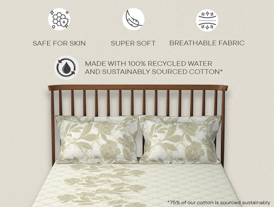 Essentials 100% Cotton  Double Bedsheet, 132 TC, Floral, Light Yellow