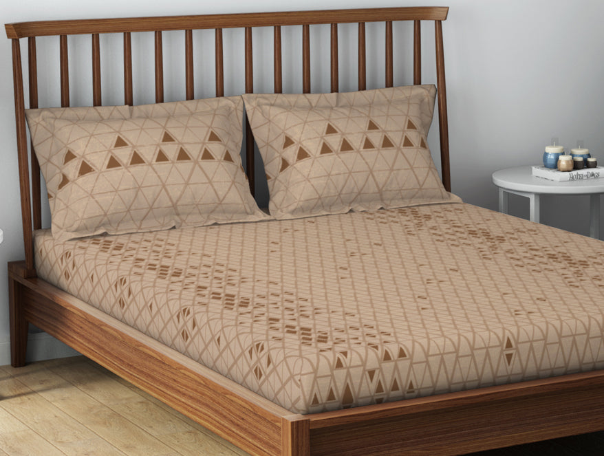 Essentials 100% Cotton  Double Bedsheet, 132 TC, Geometric, Brown
