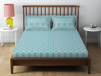 Essentials 100% Cotton  Double Bedsheet, 132 TC, Floral, Light Aqua