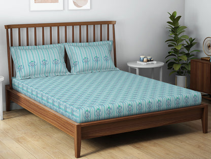 Essentials 100% Cotton  Double Bedsheet, 132 TC, Floral, Light Aqua