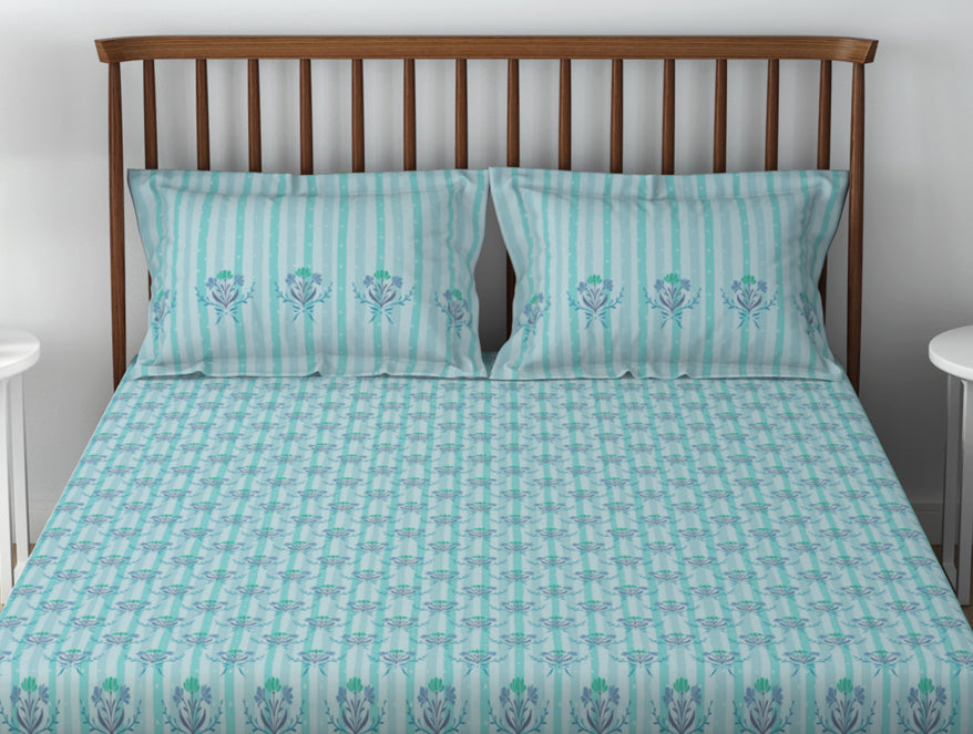 Essentials 100% Cotton  Double Bedsheet, 132 TC, Floral, Light Aqua