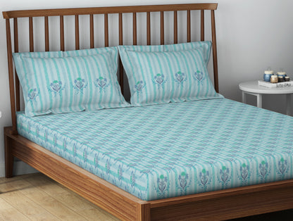Essentials 100% Cotton  Double Bedsheet, 132 TC, Floral, Light Aqua