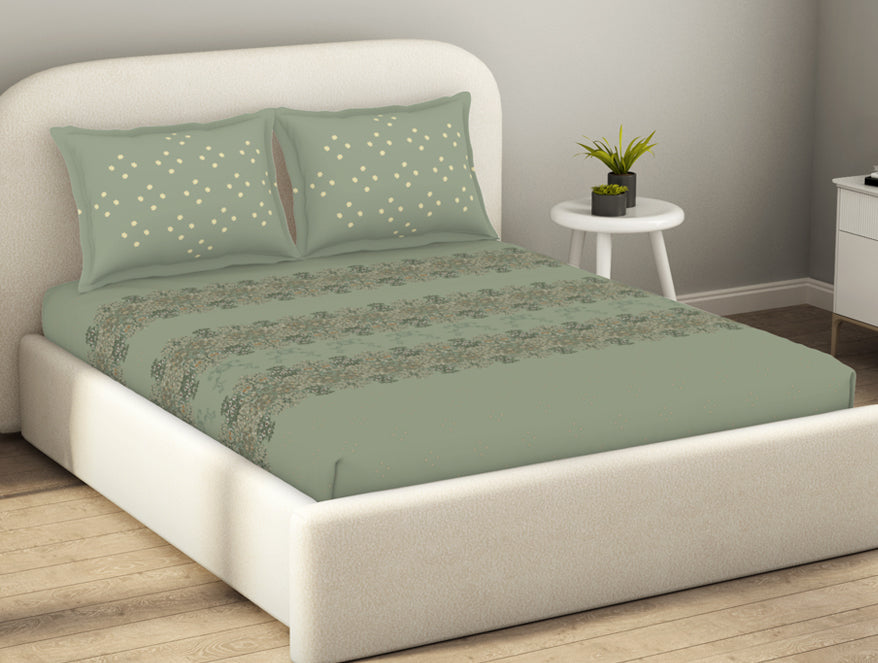 Essentials 100% Cotton  Fitted King Bedsheet, 144 TC, Floral, Light Green