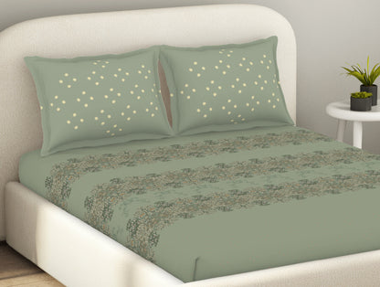 Essentials 100% Cotton  Fitted King Bedsheet, 144 TC, Floral, Light Green
