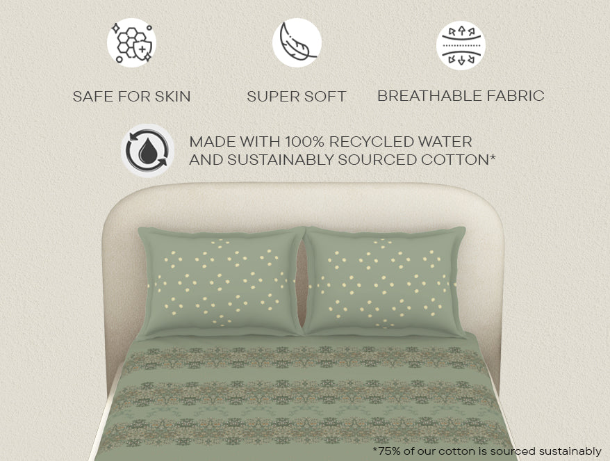 Essentials 100% Cotton  Fitted King Bedsheet, 144 TC, Floral, Light Green
