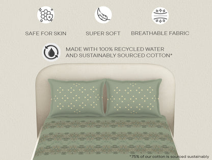 Essentials 100% Cotton  Fitted King Bedsheet, 144 TC, Floral, Light Green