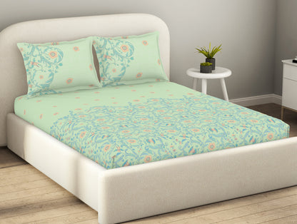 Essentials 100% Cotton  Fitted King Bedsheet, 144 TC, Floral, Light Violet