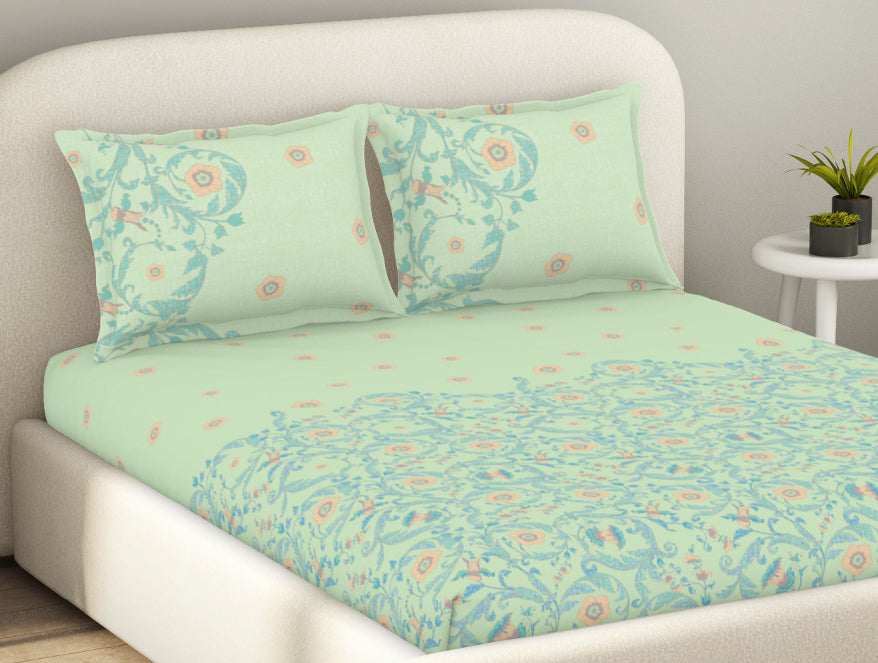 Essentials 100% Cotton  Fitted King Bedsheet, 144 TC, Floral, Light Violet