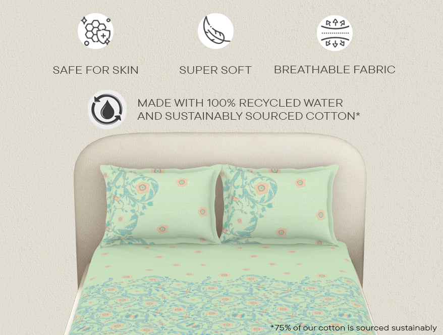 Essentials 100% Cotton  Fitted King Bedsheet, 144 TC, Floral, Light Violet