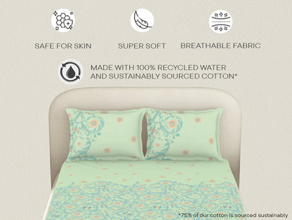 Essentials 100% Cotton  Fitted King Bedsheet, 144 TC, Floral, Light Violet