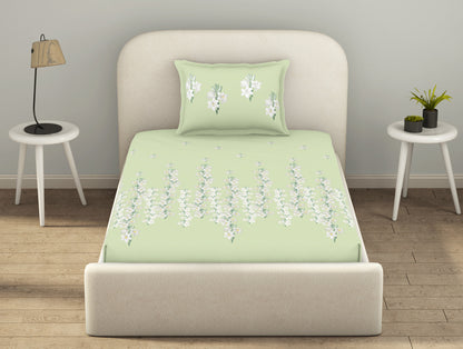 Essentials 100% Cotton  Fitted King Bedsheet, 144 TC, Floral, Light Green