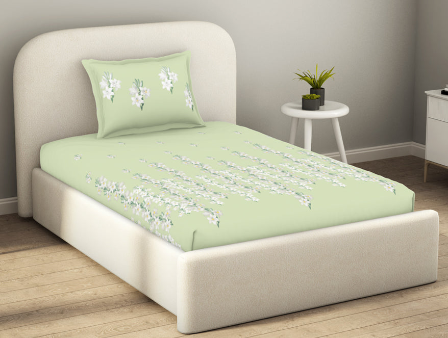 Essentials 100% Cotton  Fitted King Bedsheet, 144 TC, Floral, Light Green