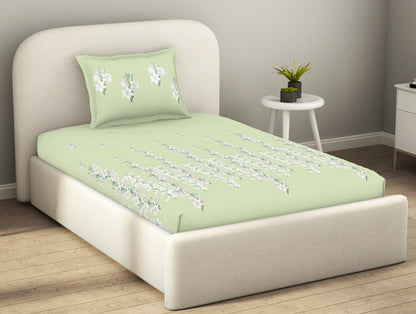 Essentials 100% Cotton  Fitted King Bedsheet, 144 TC, Floral, Light Green