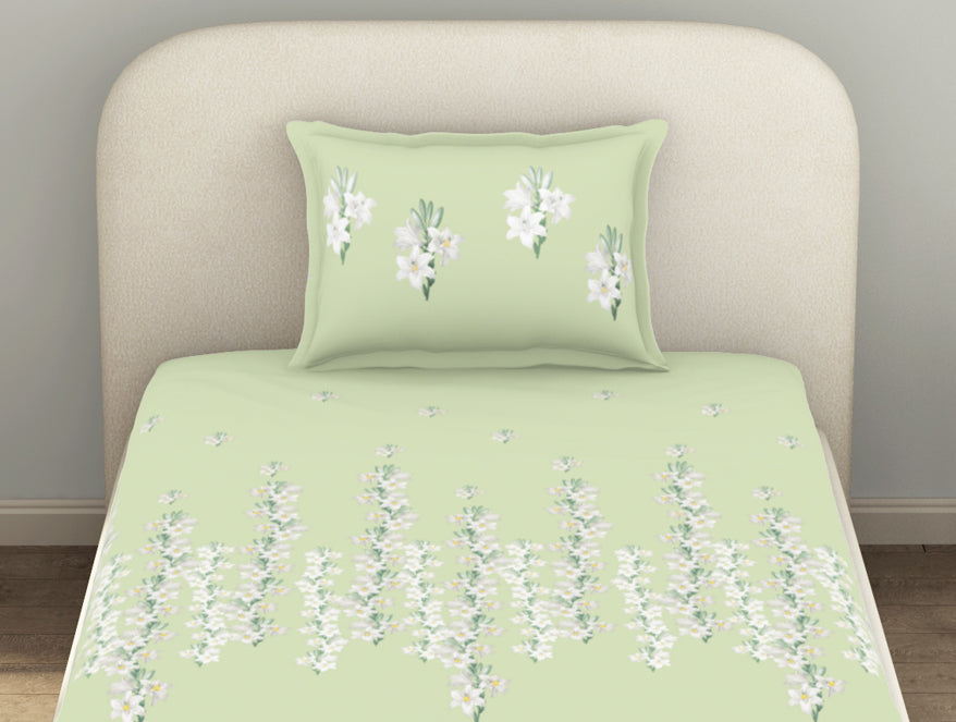 Essentials 100% Cotton  Fitted King Bedsheet, 144 TC, Floral, Light Green