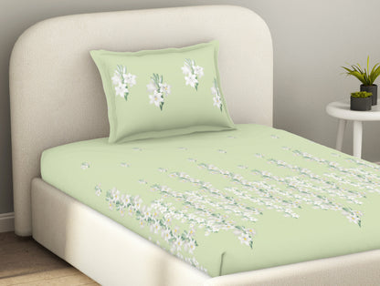 Essentials 100% Cotton  Fitted King Bedsheet, 144 TC, Floral, Light Green