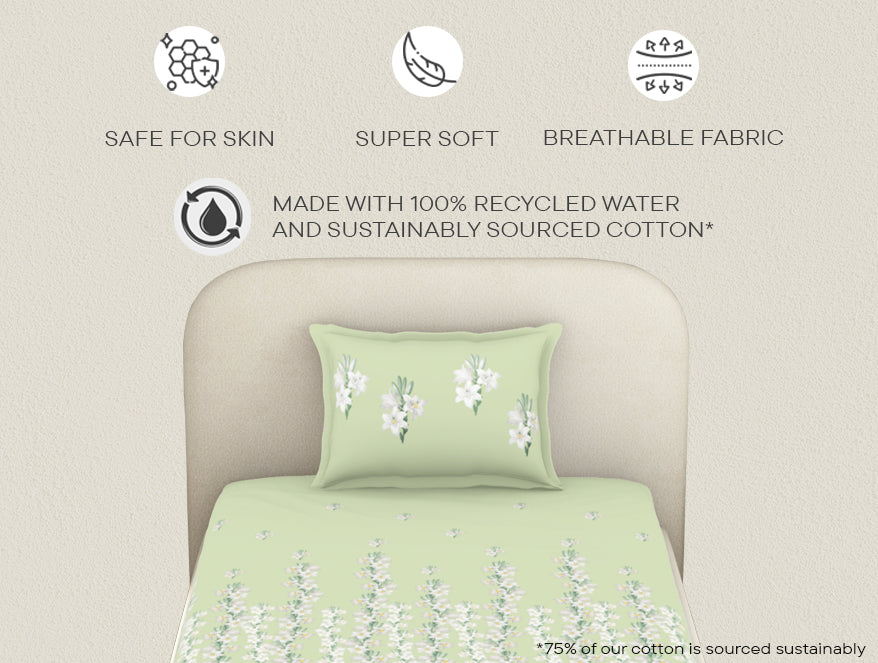 Essentials 100% Cotton  Fitted King Bedsheet, 144 TC, Floral, Light Green
