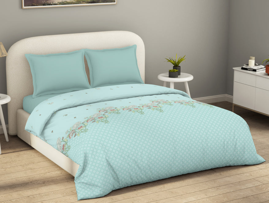 100% Cotton Floral Duvet Cover, Light Blue