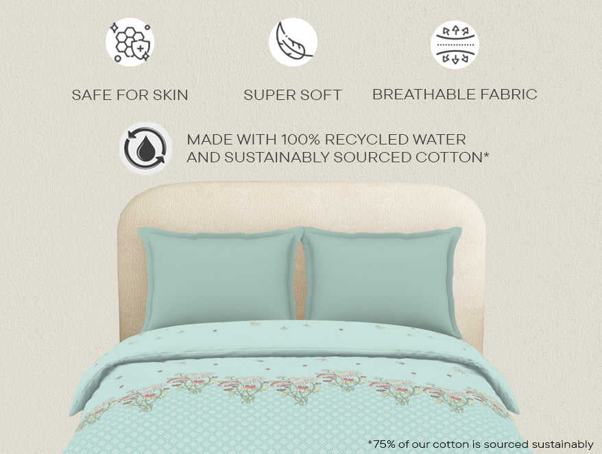 100% Cotton Floral Duvet Cover, Light Blue