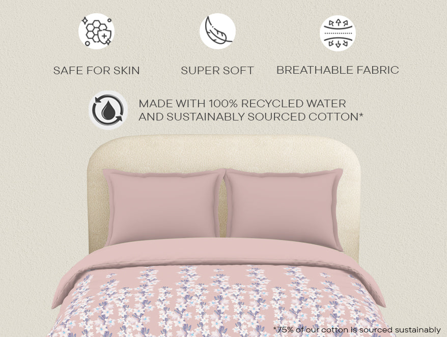 Essentials 100% Cotton  Double Duvet Cover, 144 TC, Floral, Blush