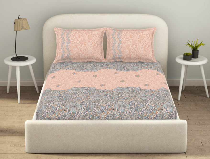 Essentials 100% Cotton  Fitted King Bedsheet, 144 TC, Floral, Light Yellow