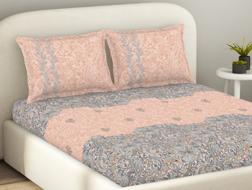 Essentials 100% Cotton  Fitted King Bedsheet, 144 TC, Floral, Light Yellow