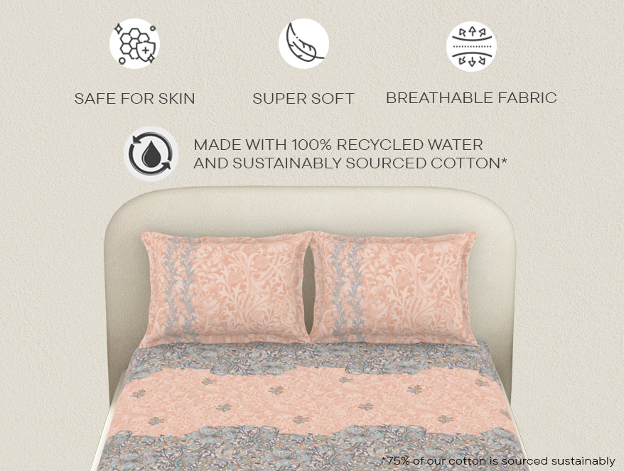 Essentials 100% Cotton  Fitted King Bedsheet, 144 TC, Floral, Light Yellow