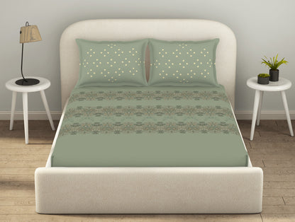Essentials 100% Cotton  Fitted King Bedsheet, 144 TC, Floral, Light Green