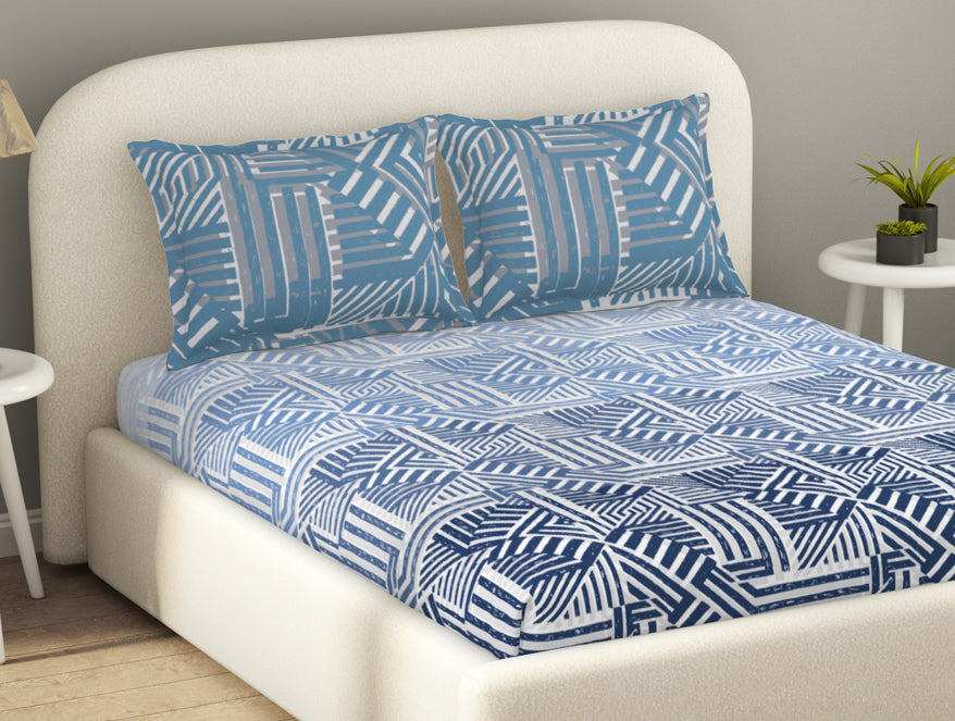 Essentials 100% Cotton  Fitted King Bedsheet, 144 TC, Geometric, Light Green