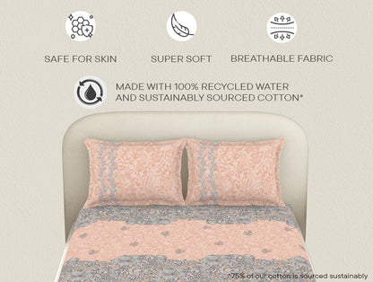 Essentials 100% Cotton  Fitted King Bedsheet, 144 TC, Floral, Light Yellow