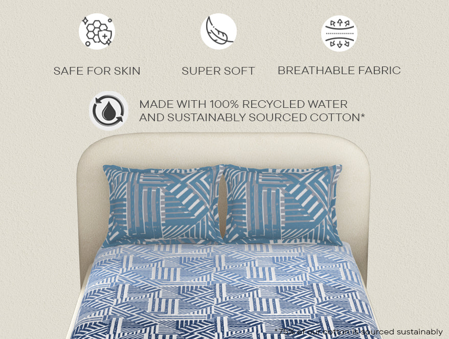 Essentials 100% Cotton  Fitted King Bedsheet, 144 TC, Geometric, Light Green