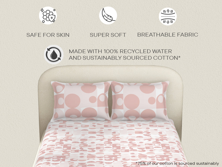 Essentials 100% Cotton  Fitted King Bedsheet, 144 TC, Geometric, Blush