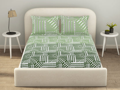 Essentials 100% Cotton  Fitted King Bedsheet, 144 TC, Geometric, Light Aqua