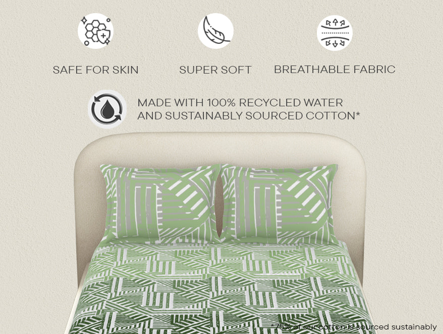 Essentials 100% Cotton  Fitted King Bedsheet, 144 TC, Geometric, Light Aqua