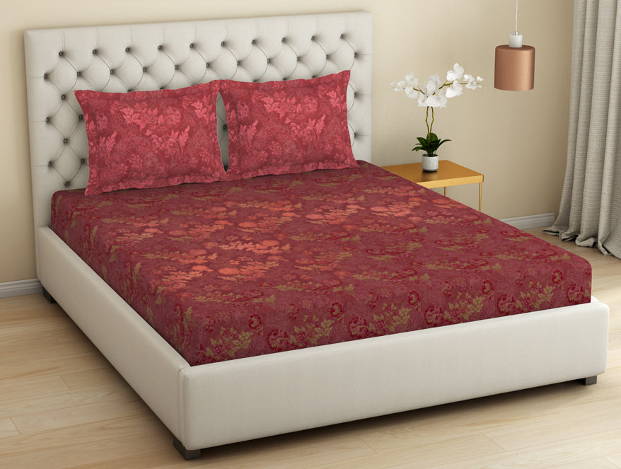 Essentials Premium Cotton Viscose  Large Bedsheet, 138 TC, Floral, Red