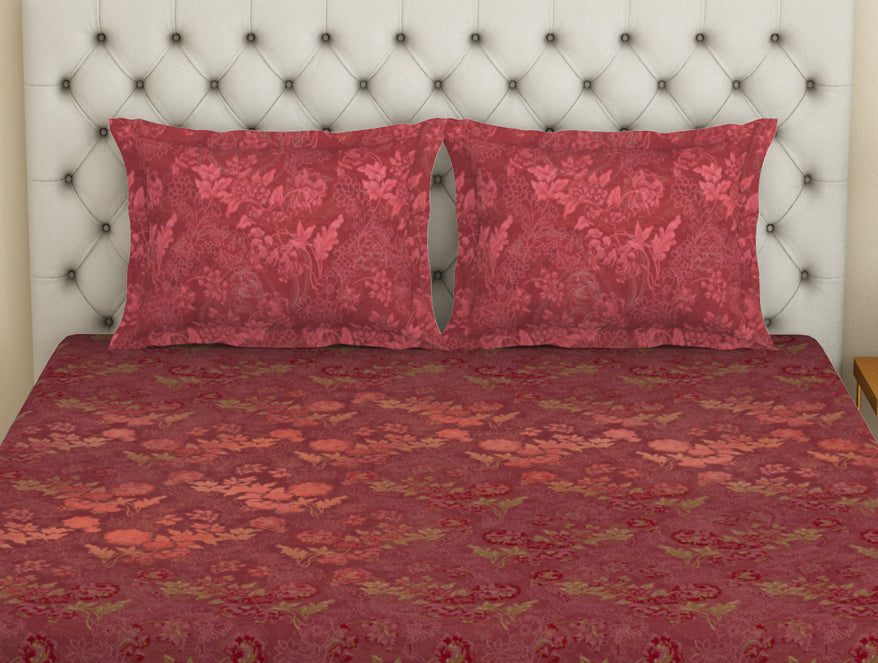 Essentials Premium Cotton Viscose  Large Bedsheet, 138 TC, Floral, Red