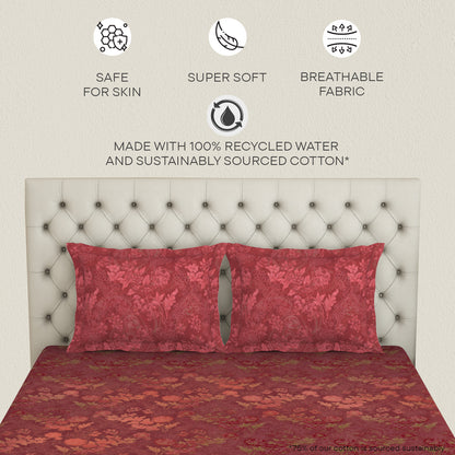 Essentials Premium Cotton Viscose  Large Bedsheet, 138 TC, Floral, Red