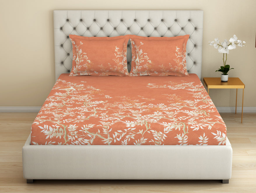 Essentials Premium Cotton Viscose  Large Bedsheet, 138 TC, Floral, Orange