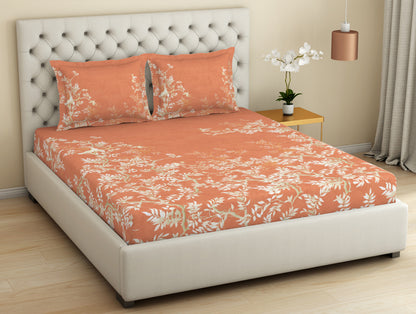 Essentials Premium Cotton Viscose  Large Bedsheet, 138 TC, Floral, Orange