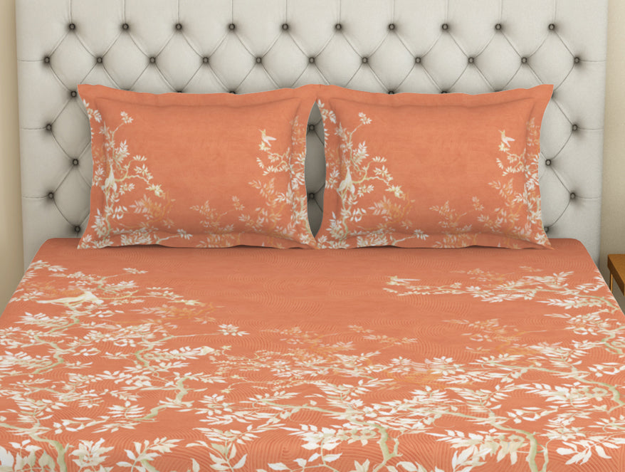Essentials Premium Cotton Viscose  Large Bedsheet, 138 TC, Floral, Orange