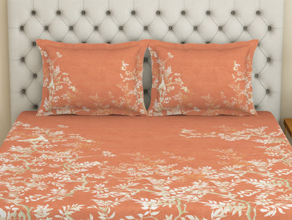 Essentials Premium Cotton Viscose  Large Bedsheet, 138 TC, Floral, Orange