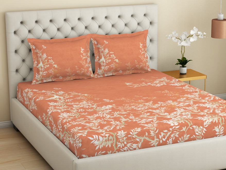 Essentials Premium Cotton Viscose  Large Bedsheet, 138 TC, Floral, Orange