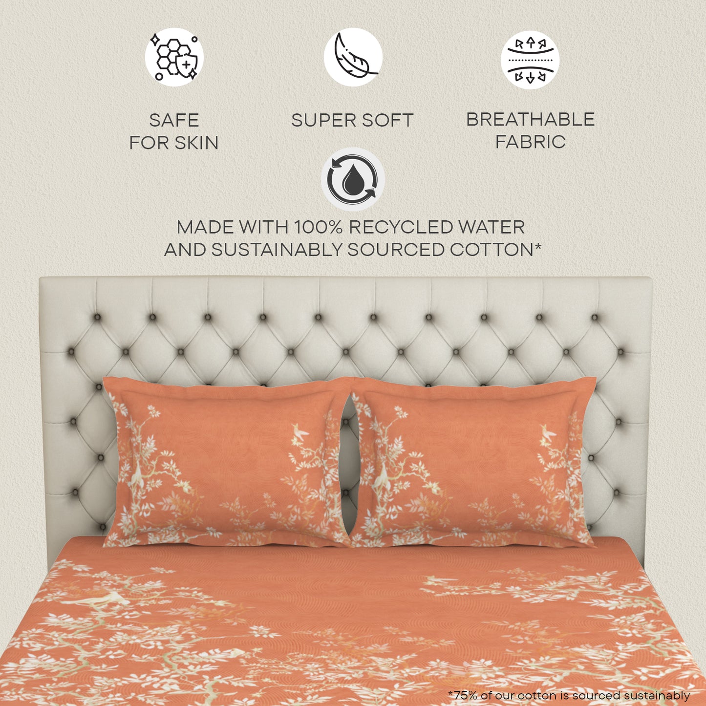 Essentials Premium Cotton Viscose  Large Bedsheet, 138 TC, Floral, Orange